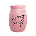 Detail der rosa Tierurne mit einem minimalistischen schwarzen Hundesilhouetten-Design - Hundemuster / Rosa