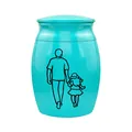 Detaillierte Ansicht einer türkisfarbenen Urne mit Vater-Tochter-Illustration-Design - Eltern-Kind-Muster / Blau