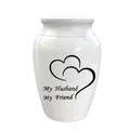 Elegant white ceramic cremation urn for husband with heart pattern and memorial text. - Husband Memorial Style / 70x45mm / White
