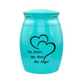 Turquoise stainless steel memorial urn with My Sister My Hero My Angel text and hearts - SISTER / Blue
