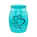 Turquoise small cremation urn with heart engraving and My Wife My Hero My Angel text - Wife / Blue