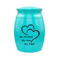 Turquoise metal cremation urn with heart design and "My Husband" memorial engraving - HUSBAND / Blue