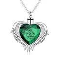 Close-up of heart-shaped cremation pendant with green crystal and angel wings - May Birthstone (Green)