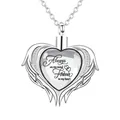 Close-up of a memorial heart urn necklace featuring angel wings and an engraved quote. - June Birthstone (Light Purple)