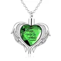 Close-up detail of green heart cremation pendant with angel wings and engraved message - August Birthstone (Peridot Green)