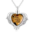 Detailed close-up of heart memorial urn necklace with angel wings and engraved message - November Birthstone (Amber Yellow)