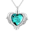 Close-up of heart-shaped cremation urn necklace with teal crystal and angel wings. - December Birthstone (Lake Blue)
