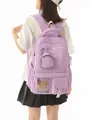 Korean style purple quilted backpack for students with a cute bear plush window - Purple