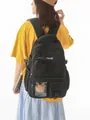 Black Korean style padded backpack with cute plush bear and transparent pocket - Black