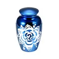 Elegant blue metallic cremation urn for human ashes featuring a white rose design - 70*45mm / Blue