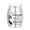 Silver mini cremation urn for pet ashes engraved with wings and heart memorial quote - 40x30mm / Silver