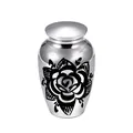 Polished silver stainless steel cremation urn with elegant black rose design for ashes - 70*45mm / Silver