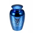 Blauer Aluminium-Gedenkurn mit Feuerwehremblem für die Asche von Menschen oder Haustieren - Feuerwehr Thema (4252) / 70x45mm / Blau