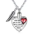 Silver heart cremation urn necklace with red crystal and engraved memorial message. - January (Red)