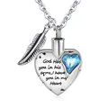 Stainless steel heart memorial urn necklace featuring blue crystal and feather charm - March (Blue)