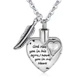 Silver heart cremation urn necklace with feather charm for human or pet ashes memorial jewelry - April (Clear)