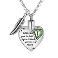 Heart cremation urn pendant memorial necklace with green crystal and feather charm - August (Light Green)
