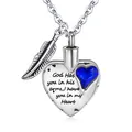 Heart shaped cremation urn necklace with blue crystal and engraved memorial message - September (Dark Blue)