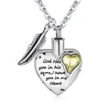 Silver memorial heart cremation urn necklace with feather charm and yellow gemstone - November (Yellow)