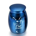 Polished blue small pet cremation urn with laser engraved cat mom and kitten design - Blue 40*30mm