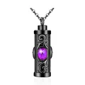 Pendentif cinéraire cylindrique en acier noir avec incrustation de gemme violette - Février
