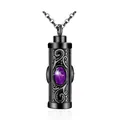 Collier urne cylindrique en acier noir avec pierre améthyste ovale et motifs spirales - Juin