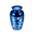 Blue stainless steel small cremation urn with butterfly engraving for pets or loved ones - Blue