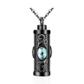 Collier pendentif urne funéraire noir cylindrique avec pierre bleue et gravures - Décembre