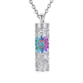 Collier urne cylindrique argenté avec gravure de tournesol coloré et motifs de vigne - Pendentif Cylindre Tournesol Argent Multicolore