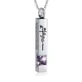 Urnenanhänger aus Edelstahl mit violettem Zirkonia und graviertem Kreuz Memorial - Quadratischer Säulenanhänger (Februar Violett) / Silber