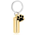 Gold cylindrical pet cremation urn keychain with cute black paw print charm detail - Key Ring (38*11mm) / Gold