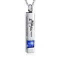 Elegant silver bar cremation necklace for ashes with engraved cross and blue zircon gemstone - Square Pillar Pendant (September Blue) / Silver