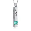 Silver geometric bar cremation necklace with cyan zircon and elegant cross engraving - Square Pillar Pendant (December Cyan Blue Zirconia) / Silver