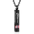 Black bar cremation necklace for ashes with red zircon and memorial cross engraving - Square Pillar Pendant (January Red Zirconia) / Black