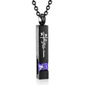 Black stainless steel memorial bar cremation necklace with purple zircon and cross - Square Pillar Pendant (February Purple Zirconia) / Black