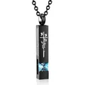 Minimalist black stainless steel cremation bar necklace with blue zircon and engraved poem - Square Pillar Pendant (March Blue Zirconia) / Black