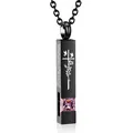 Black stainless steel bar cremation necklace featuring pink zircon and rose cross engraving - Square Pillar Pendant (October Pink) / Black