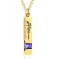 Gold titanium steel vertical bar cremation necklace with square purple zircon stone - Square Pillar Pendant (February Purple) / Gold