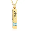 Gold bar memorial urn necklace with blue zircon and engraved quote for loss of pet - Square Pillar Pendant (March Blue) / Gold