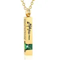 Gold rectangular bar cremation urn necklace with green zircon and memorial engraving. - Square Pillar Pendant (May Green) / Gold