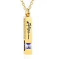 Gold long bar urn necklace for ashes with purple zircon and cross rose floral engraving - Square Pillar Pendant (June Purple) / Gold