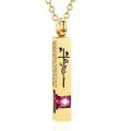 Golden titanium steel bar urn necklace with cross engraving and pink crystal pendant - Square Pillar Pendant (July Pink Zirconia) / Gold