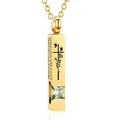 Gold bar cremation urn necklace for ashes with engraved cross rose and green zircon - Square Pillar Pendant (August Light Green Zirconia) / Gold