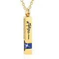 Engraved gold bar cremation necklace with blue crystal and cross rose floral design - Square Pillar Pendant (September Dark Blue Zirconia) / Gold