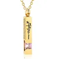 Gold vertical bar cremation urn necklace with cross rose engraving and pink zircon gemstone - Square Pillar Pendant (October Pink Zirconia) / Gold