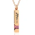 Rose gold bar cremation urn necklace with cross rose engraving and red zircon crystal - Square Pillar Pendant (January Red Zirconia) / Rose Gold