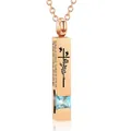 Rose gold memorial bar necklace with blue zircon and engraved cross for pet or human ashes - Square Pillar Pendant (March Sky Blue Zirconia) / Rose Gold