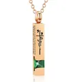 Rose gold memorial cremation urn necklace with green zircon and engraved cross design - Square Pillar Pendant (May Green) / Rose Gold