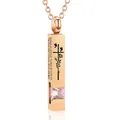 Rose gold stainless steel bar cremation urn necklace with pink zircon and engraved cross - Square Pillar Pendant (October Pink) / Rose Gold