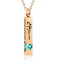 Rose gold cremation bar necklace with engraved quote and light blue zircon crystal. - Square Pillar Pendant (December Light Blue) / Rose Gold